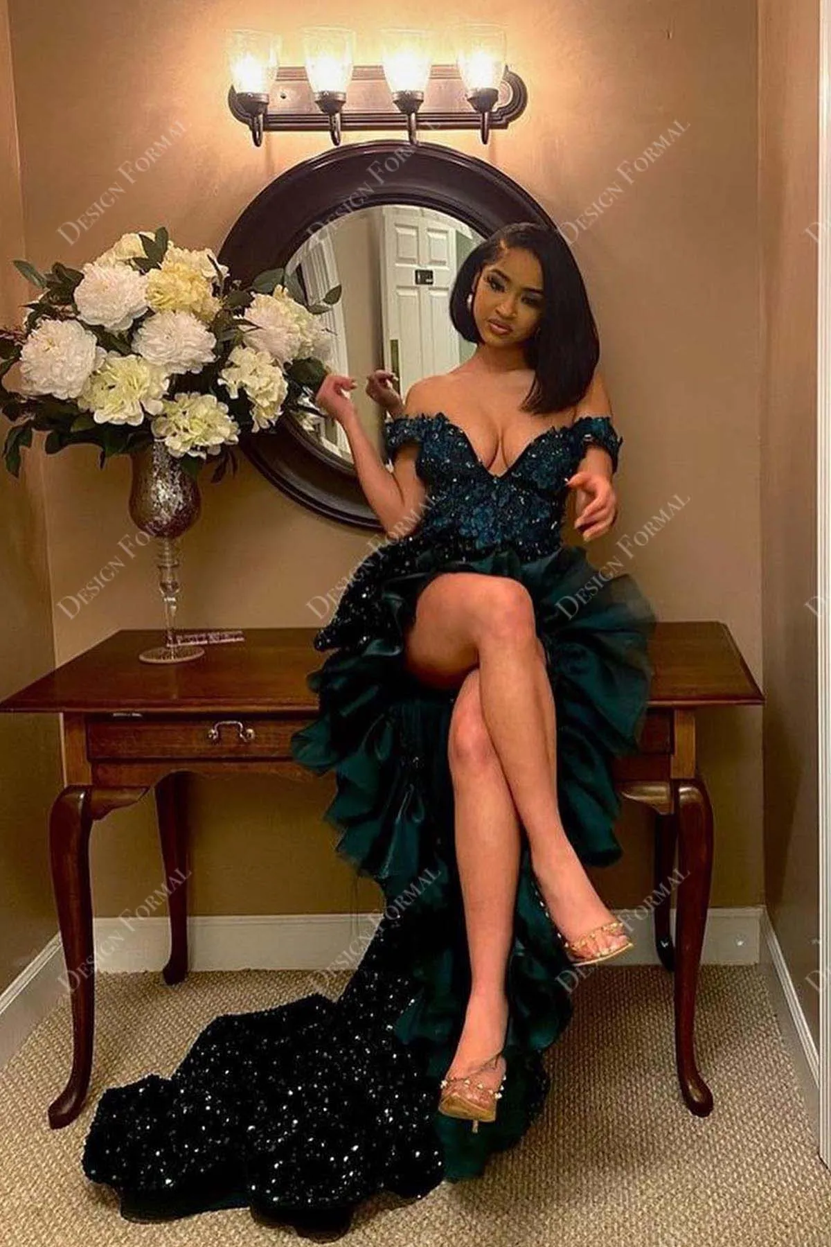 Emerald Sequin Off-shoulder Ruffled Slit Tailor Made Prom Dress