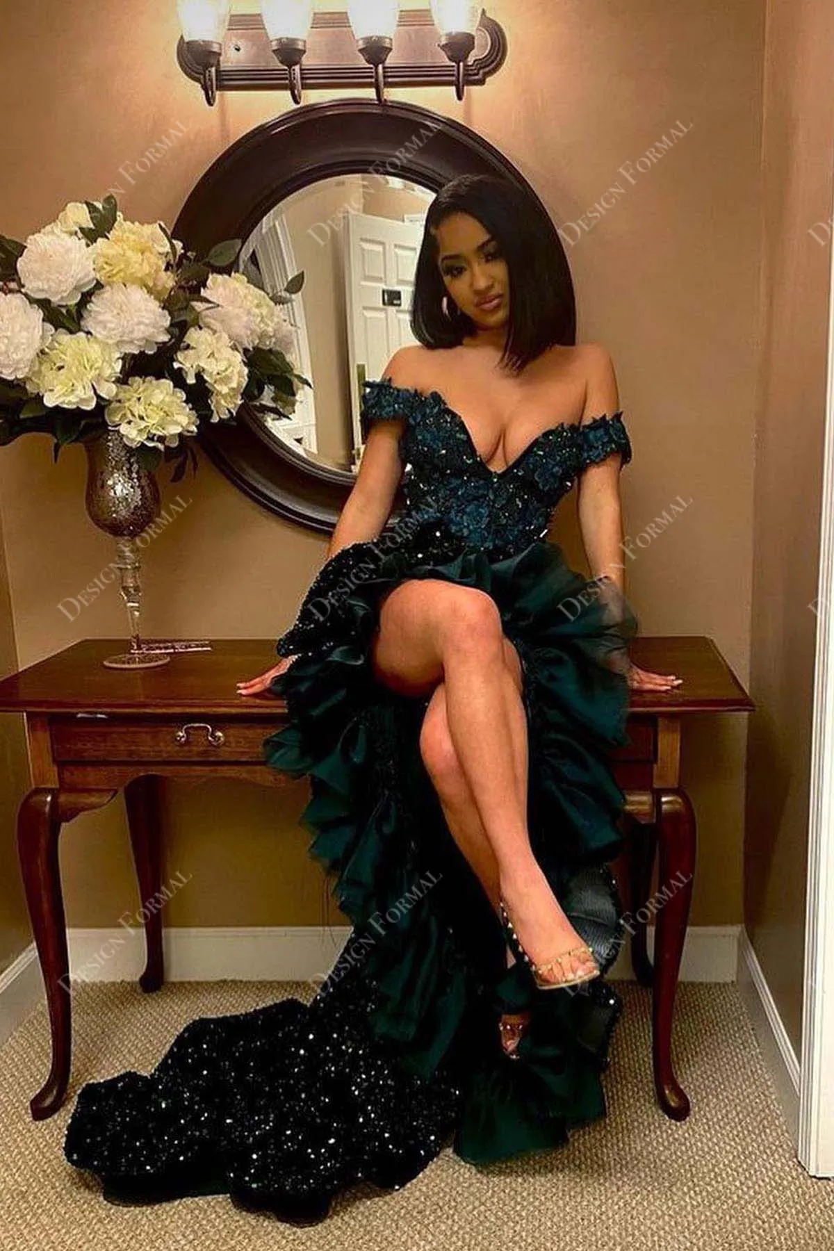 Emerald Sequin Off-shoulder Ruffled Slit Tailor Made Prom Dress