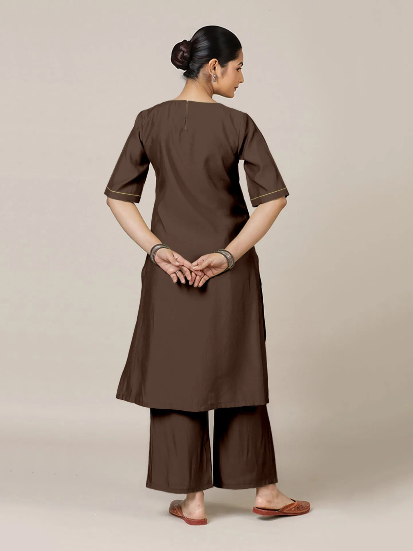 Esha x Rozaana | A Line Kurta in Walnut Brown with Thread Work | Coords or Only Kurta