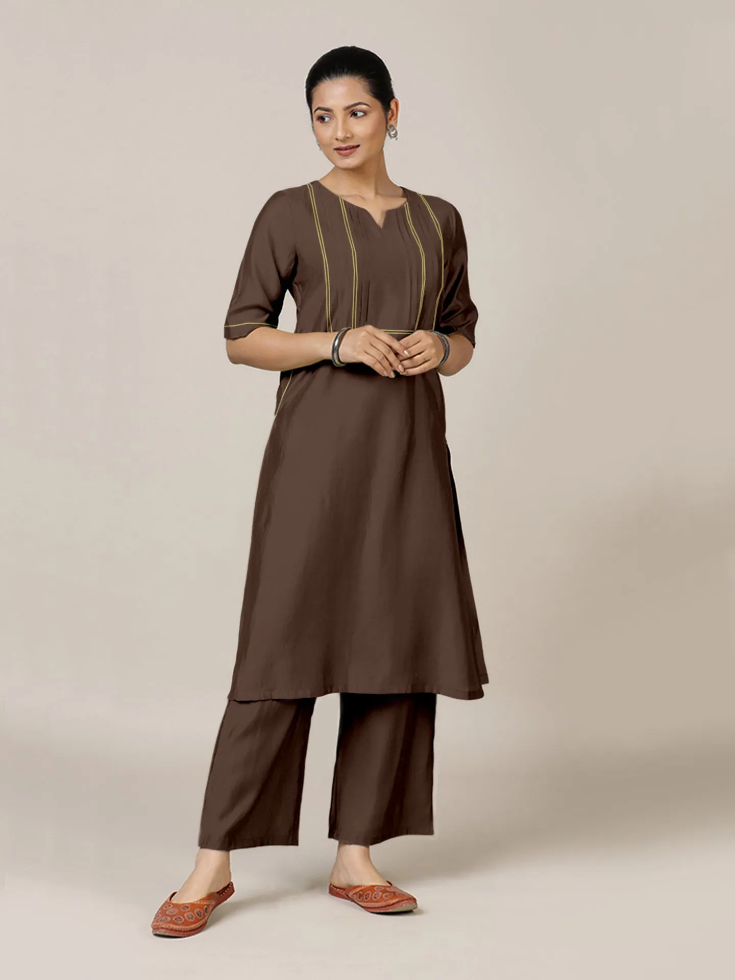 Esha x Rozaana | A Line Kurta in Walnut Brown with Thread Work | Coords or Only Kurta