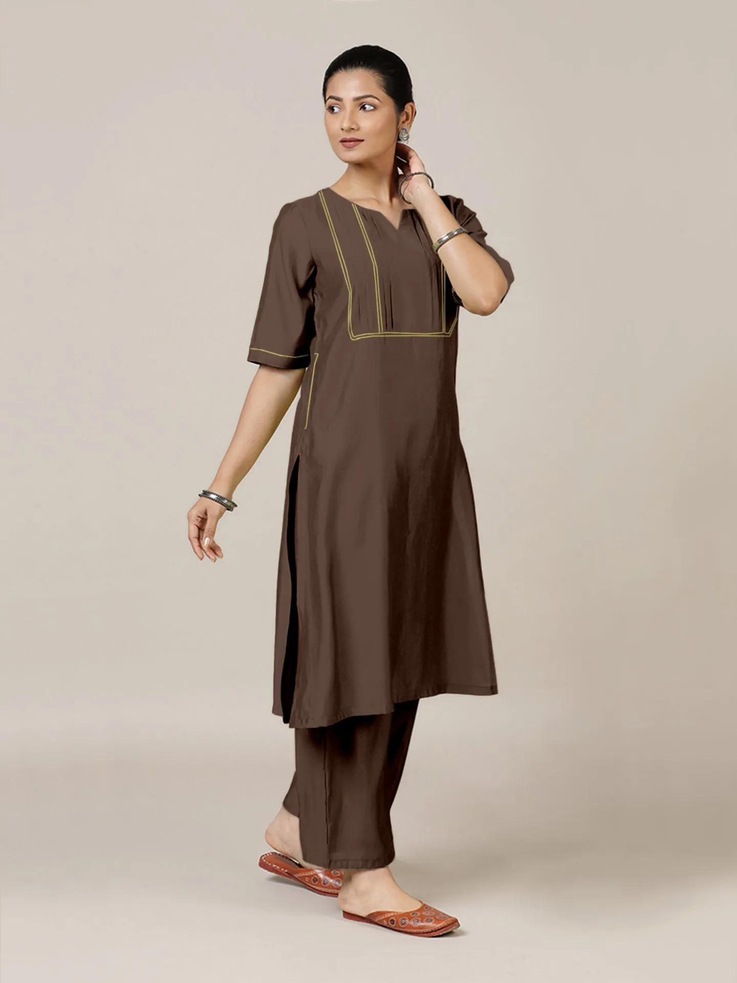 Esha x Rozaana | A Line Kurta in Walnut Brown with Thread Work | Coords or Only Kurta