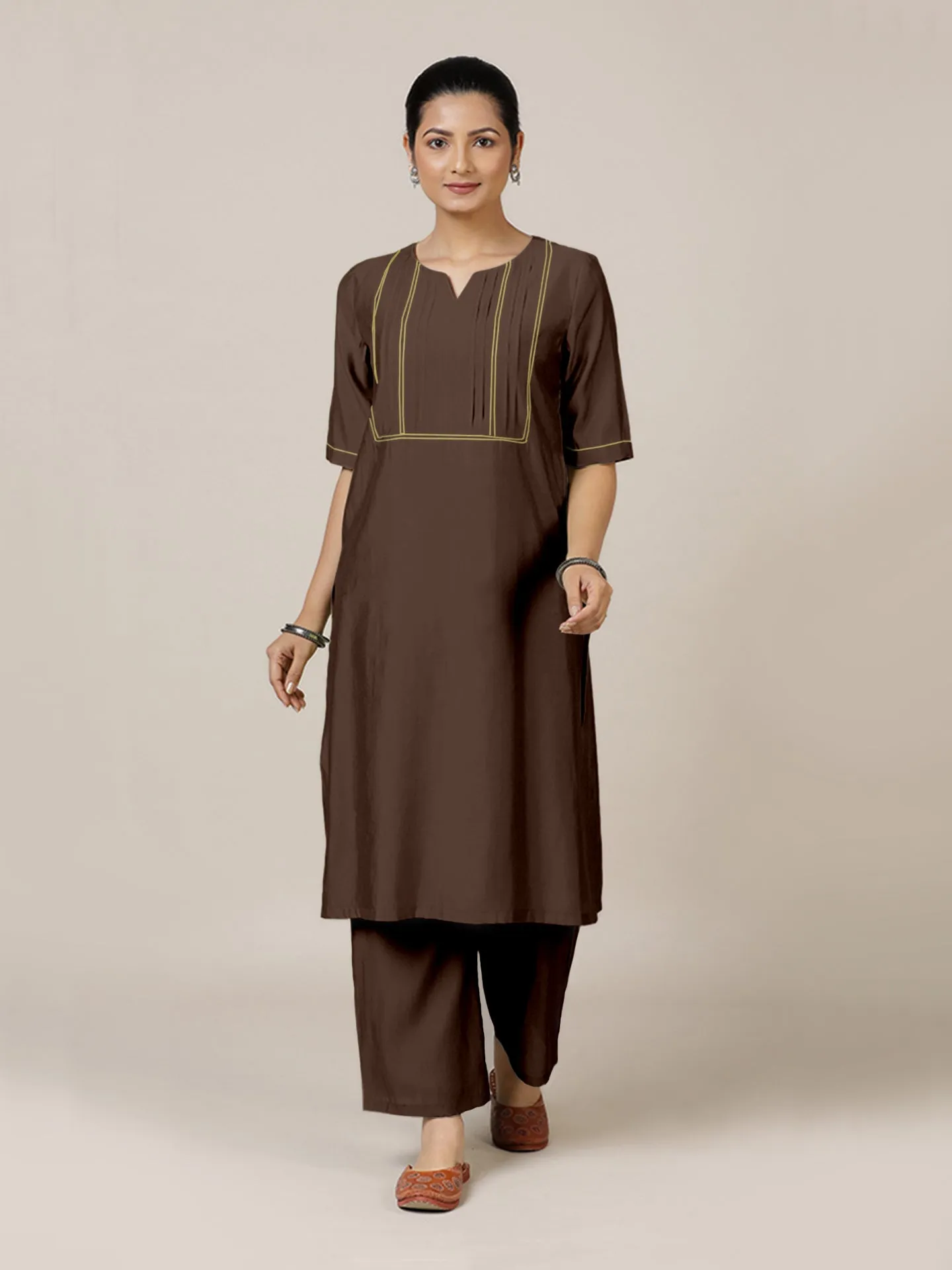 Esha x Rozaana | A Line Kurta in Walnut Brown with Thread Work | Coords or Only Kurta