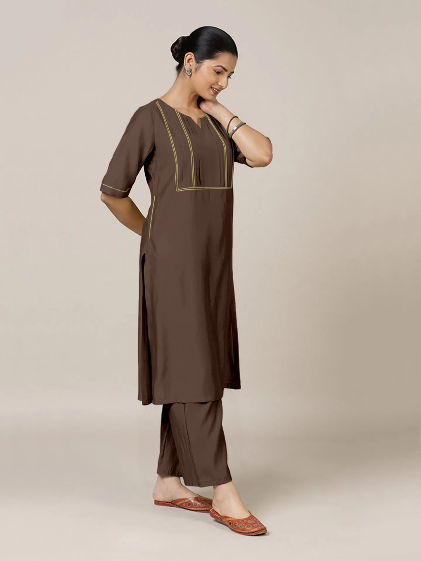 Esha x Rozaana | A Line Kurta in Walnut Brown with Thread Work | Coords or Only Kurta