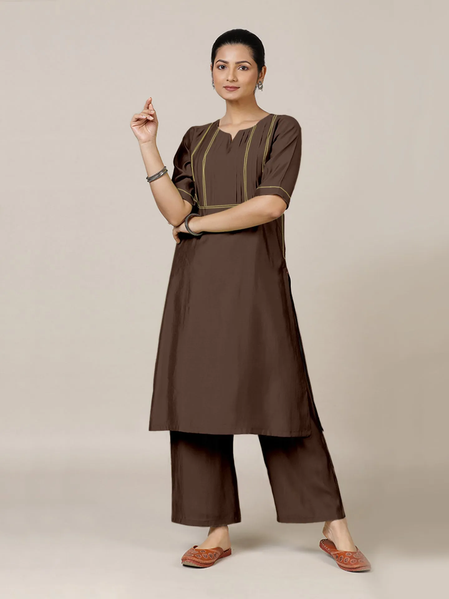 Esha x Rozaana | A Line Kurta in Walnut Brown with Thread Work | Coords or Only Kurta