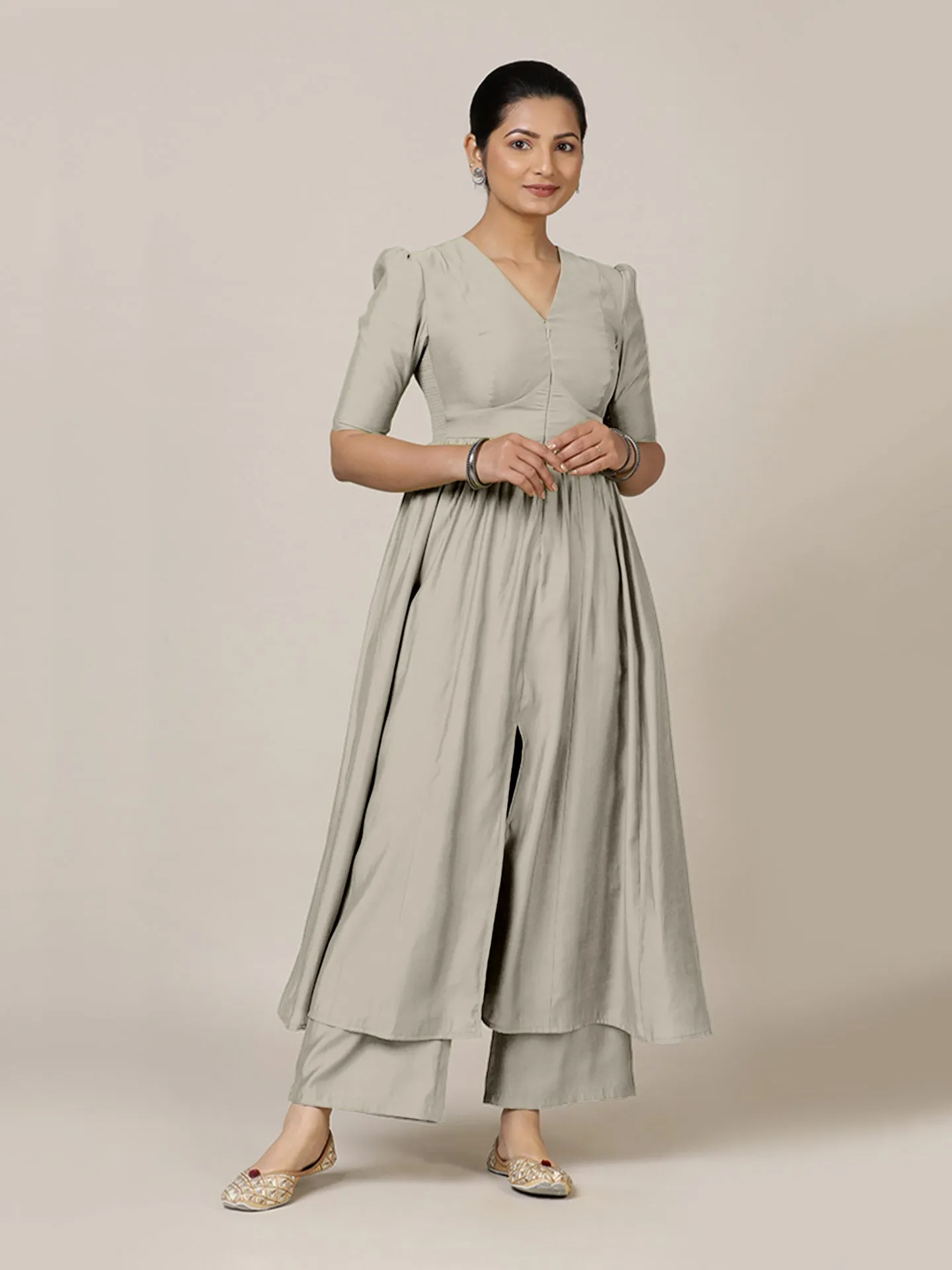 Faiza x Rozaana | A Line Kurta in Oyster Grey with Thread Work | Coords or Only Kurta