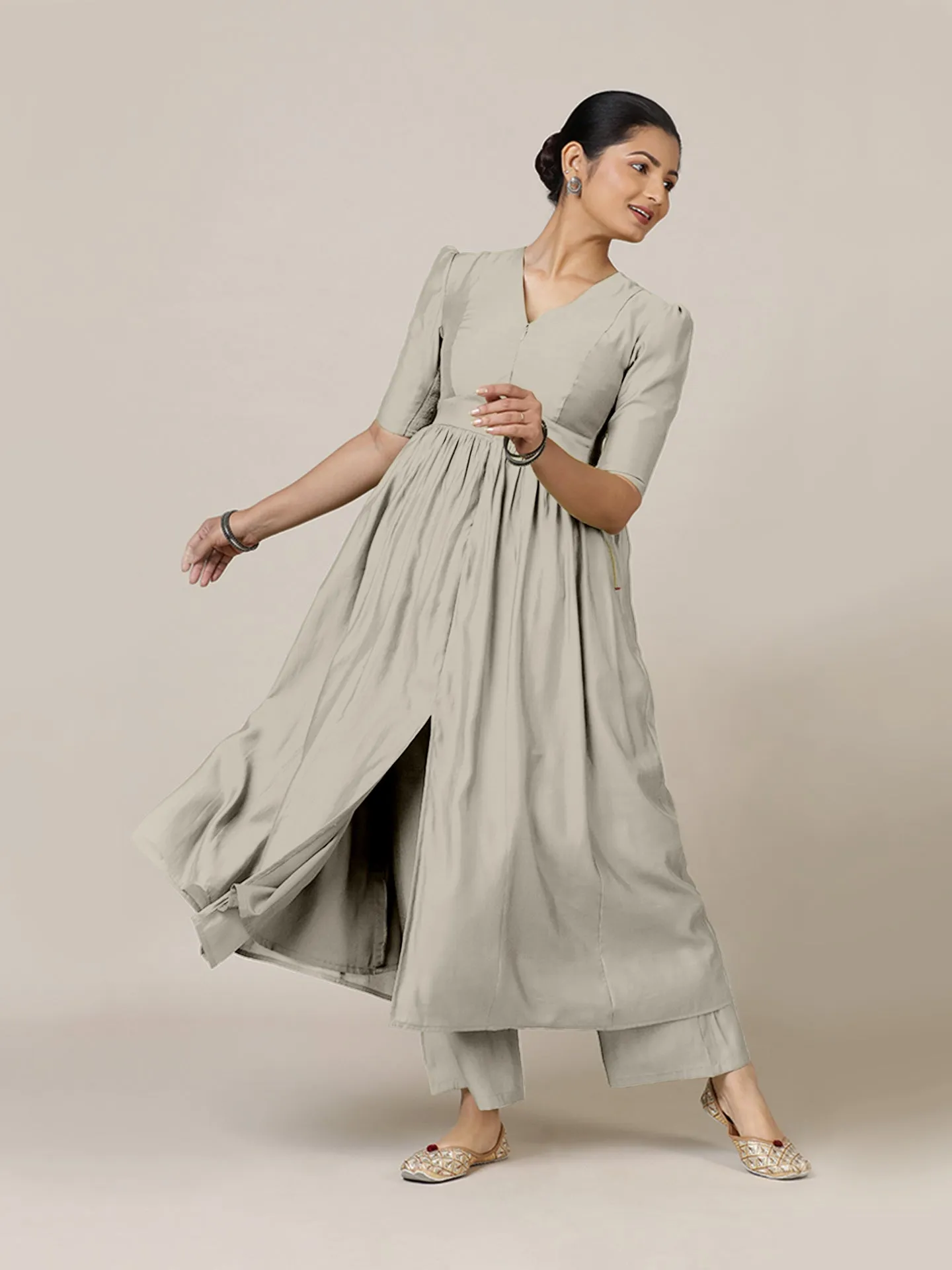 Faiza x Rozaana | A Line Kurta in Oyster Grey with Thread Work | Coords or Only Kurta