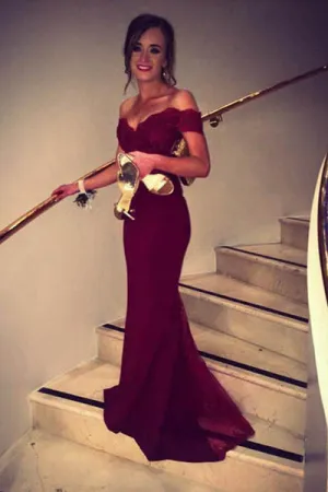 Fashion Design Off Shoulder Mermaid Burgundy Long Party Prom Dresses