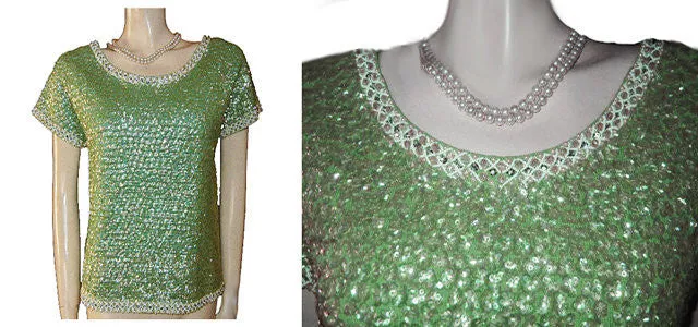 *FROM MY OWN PERSONAL VINTAGE COLLECTION - STUNNNING VINTAGE  SPARKLING RHINESTONES, IRIDESCENT SEQUINS & PEARLS ENCRUSTED EVENING TOP FROM HONG KONG IN LILY PAD WITH METAL ZIPPER