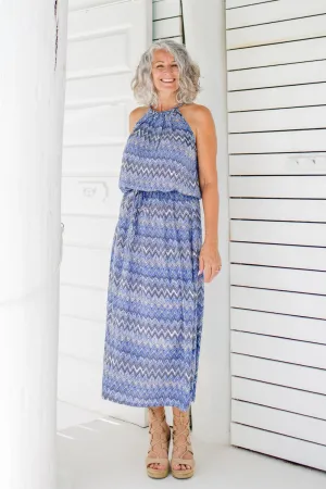 Halter Maxi Dress Blue Chevron