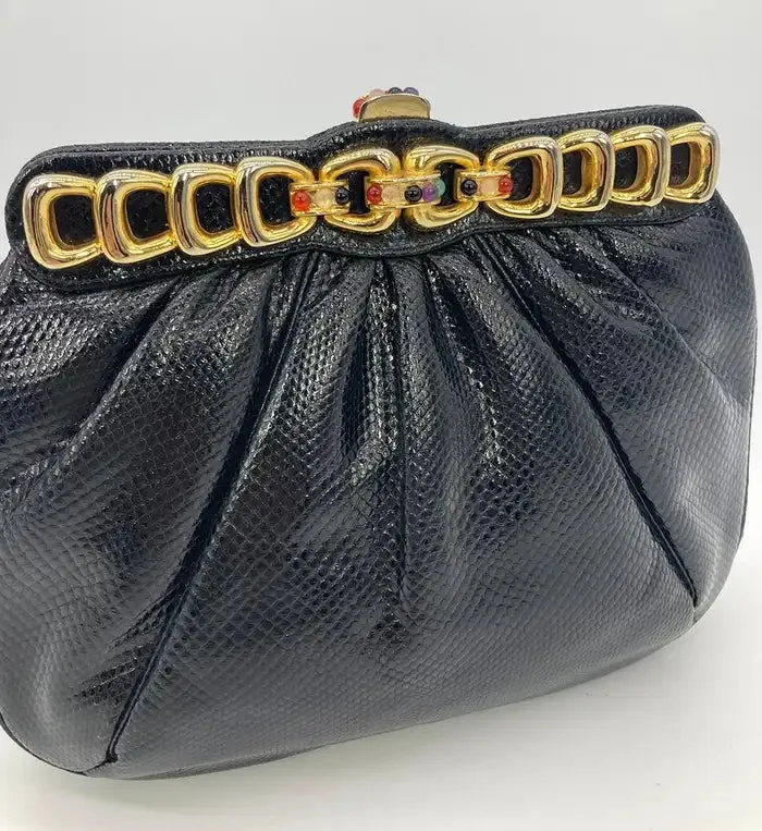 Judith Leiber Black Lizard Gold Chain Top Gemstone Clutch