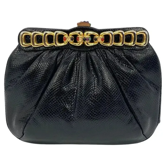 Judith Leiber Black Lizard Gold Chain Top Gemstone Clutch