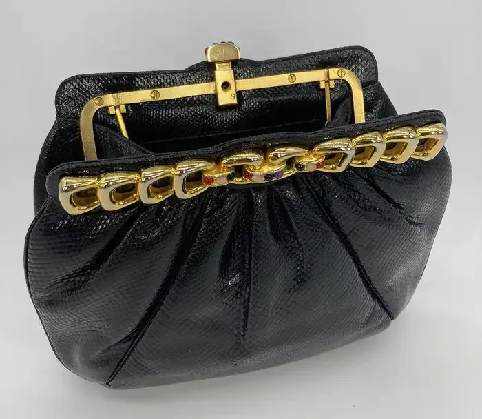 Judith Leiber Black Lizard Gold Chain Top Gemstone Clutch