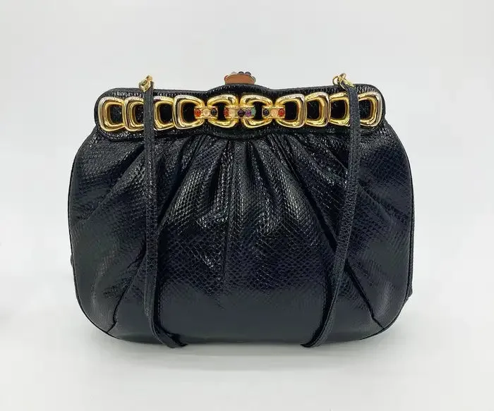 Judith Leiber Black Lizard Gold Chain Top Gemstone Clutch