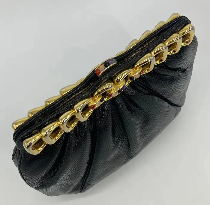 Judith Leiber Black Lizard Gold Chain Top Gemstone Clutch