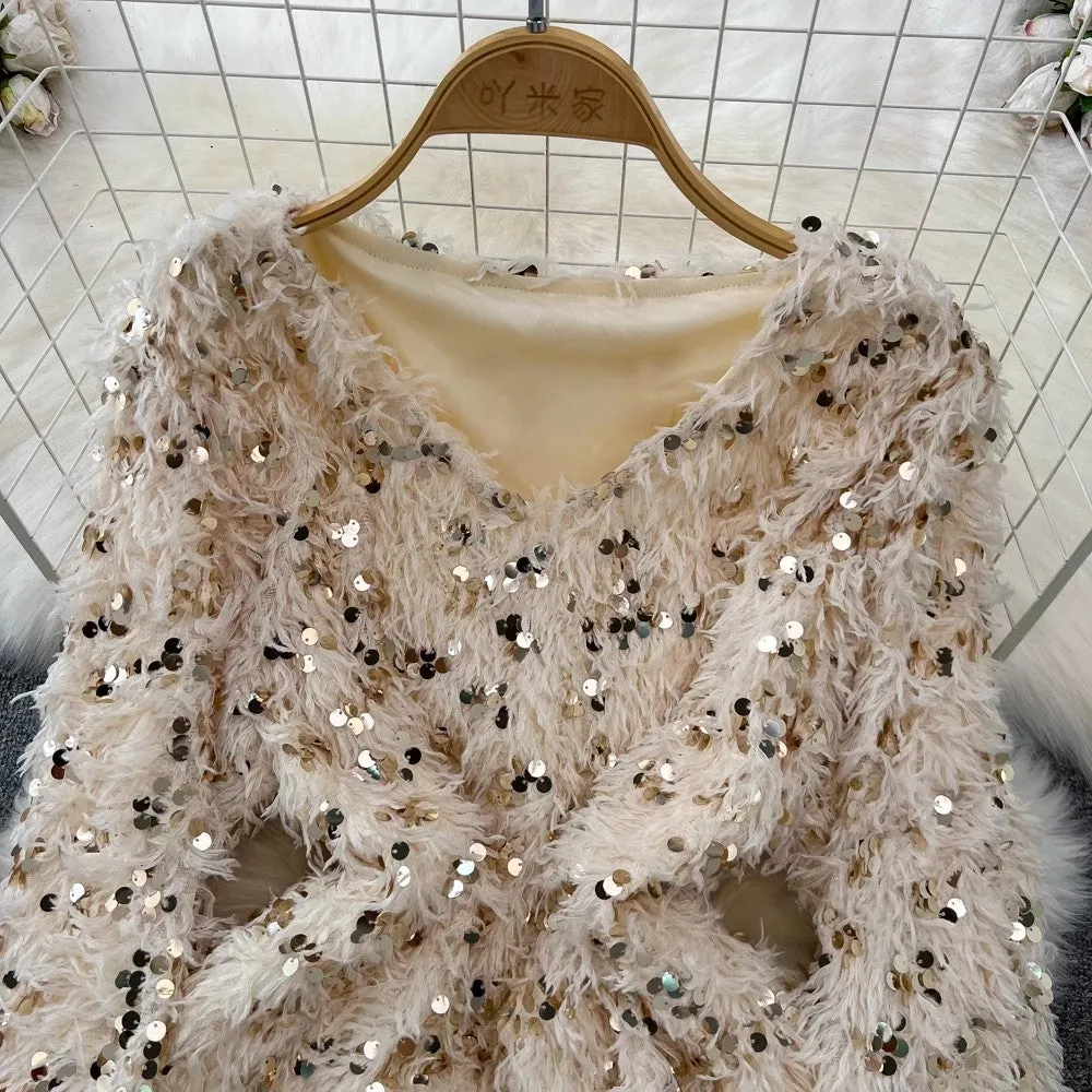 long-sleeved V-neck A-line sparkling sequined furry dress for women     S4336