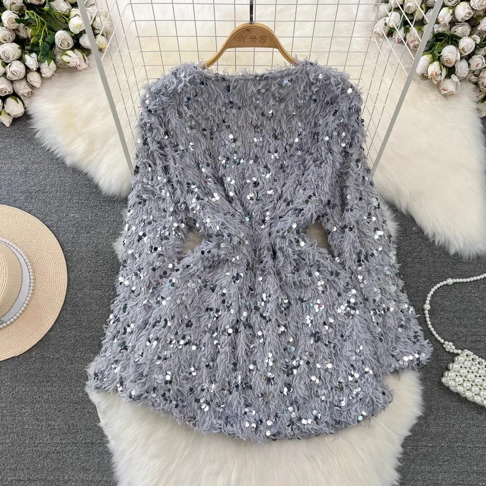 long-sleeved V-neck A-line sparkling sequined furry dress for women     S4336