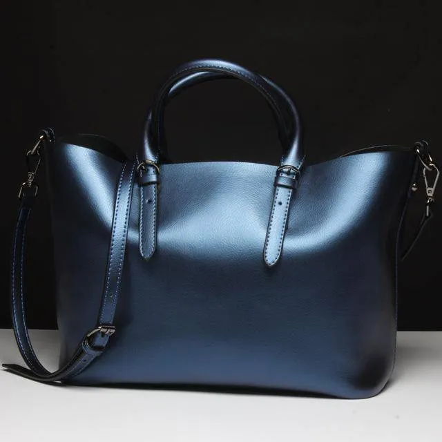 Luxury Design Women's Genuine Leather Casual Tote Purse Fashion Shoulder Handbag Ladies Blue Large Capacity Shopping Bag Bolsos