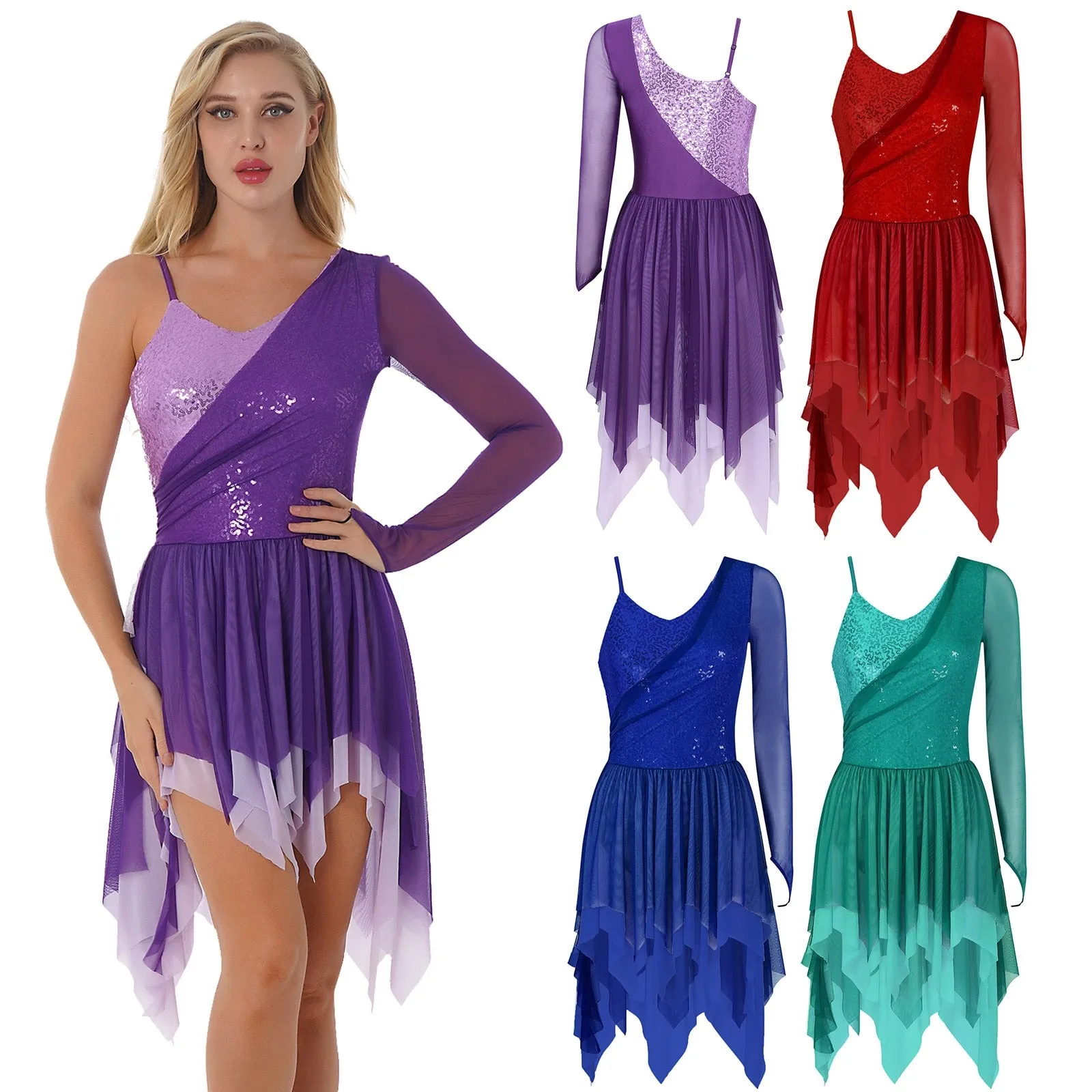 Modern Ballroom Lyrical Dance Dress One Shoulder Sequins Asymmetrical Hem Skating Costumes