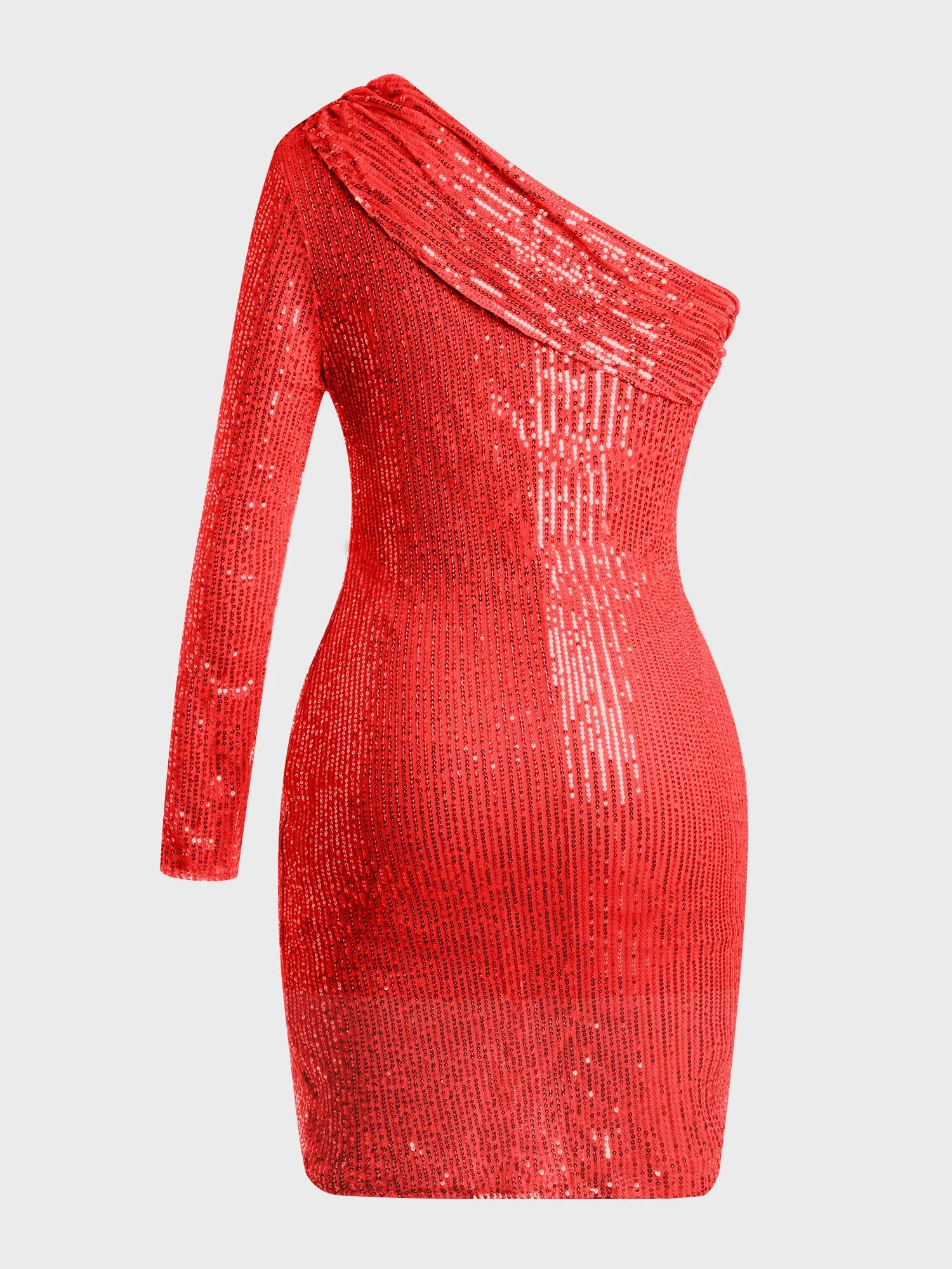 One-Shoulder Oblique Sequined Midi Dress (Red)