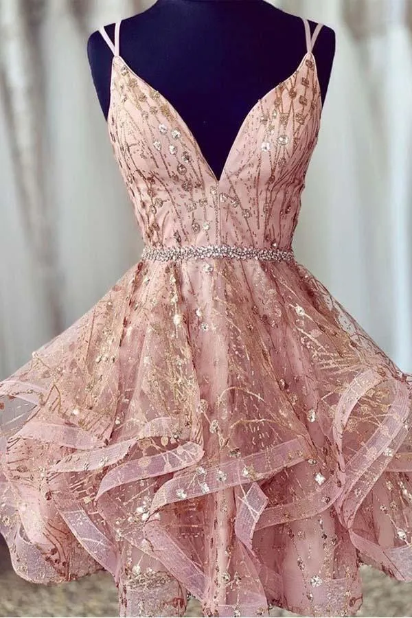 Pink Deep V-Neck Homecoming Dress Sequined Short Prom Dress PD426