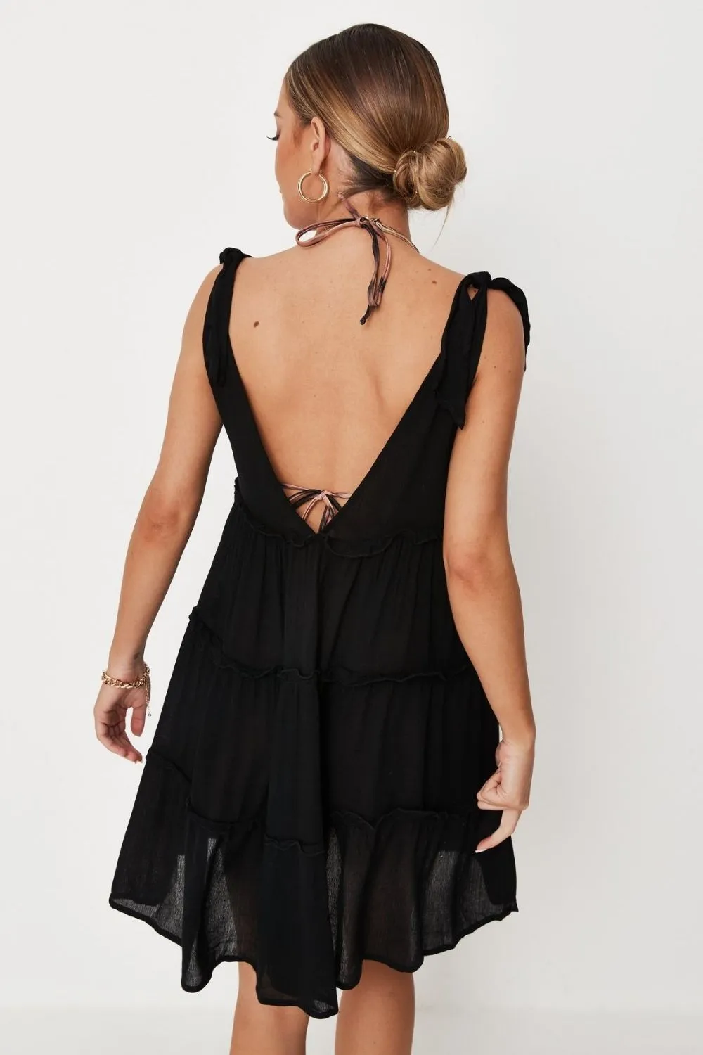 Plunge Neck Ruffled Black Dress