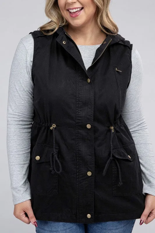 Plus Drawstring Waist Military Hoodie Vest