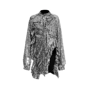 Pre Order: Shiny Sequined Ruffle Edge Long Sleeve Blouse