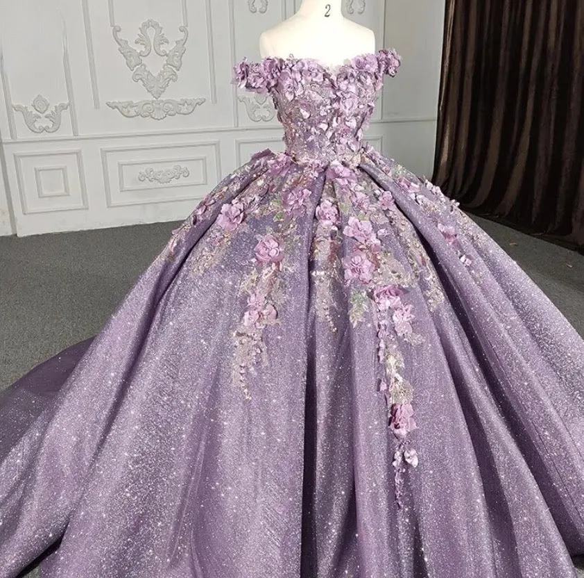 Purple Floral A Line Sequined Party Ball Gown