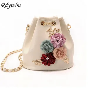 Rdywbu Handmade Flowers Bucket Bags Mini Shoulder Bags With Chain Drawstring Small Cross Body Bags Pearl Bags Leaves Decals H153