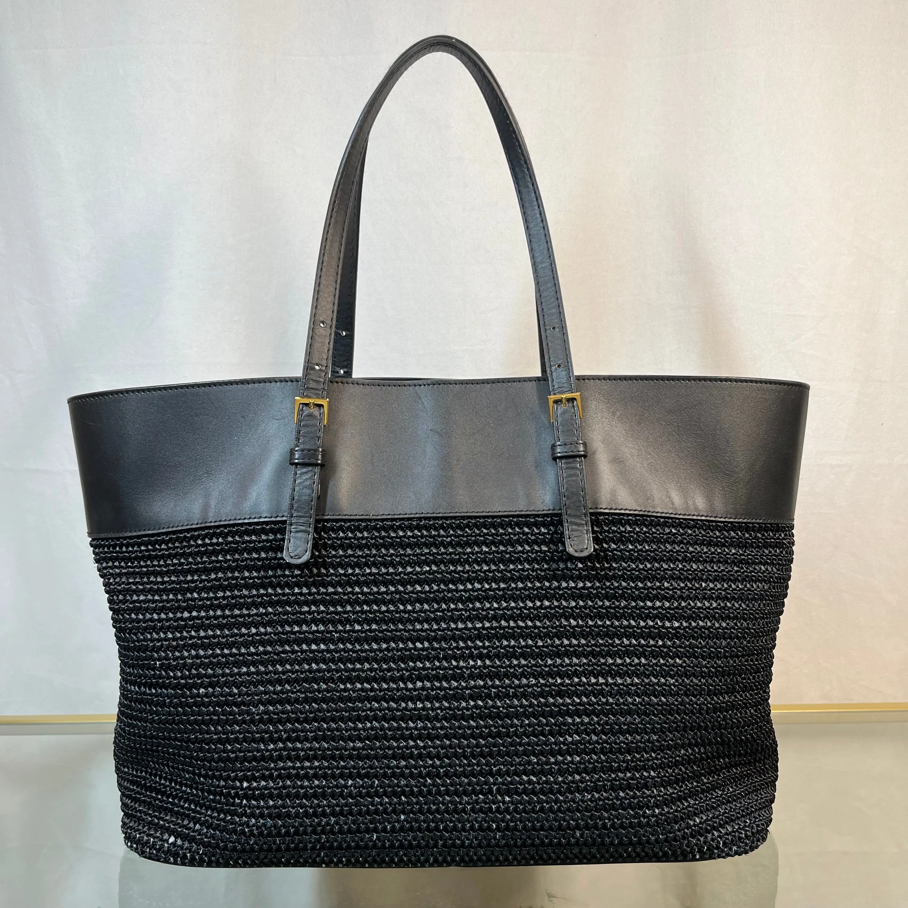 SAINT LAURENT Buckle East West Black Raffia Shooper Tote