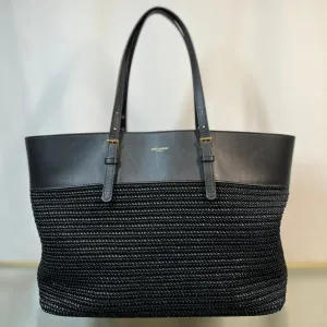 SAINT LAURENT Buckle East West Black Raffia Shooper Tote