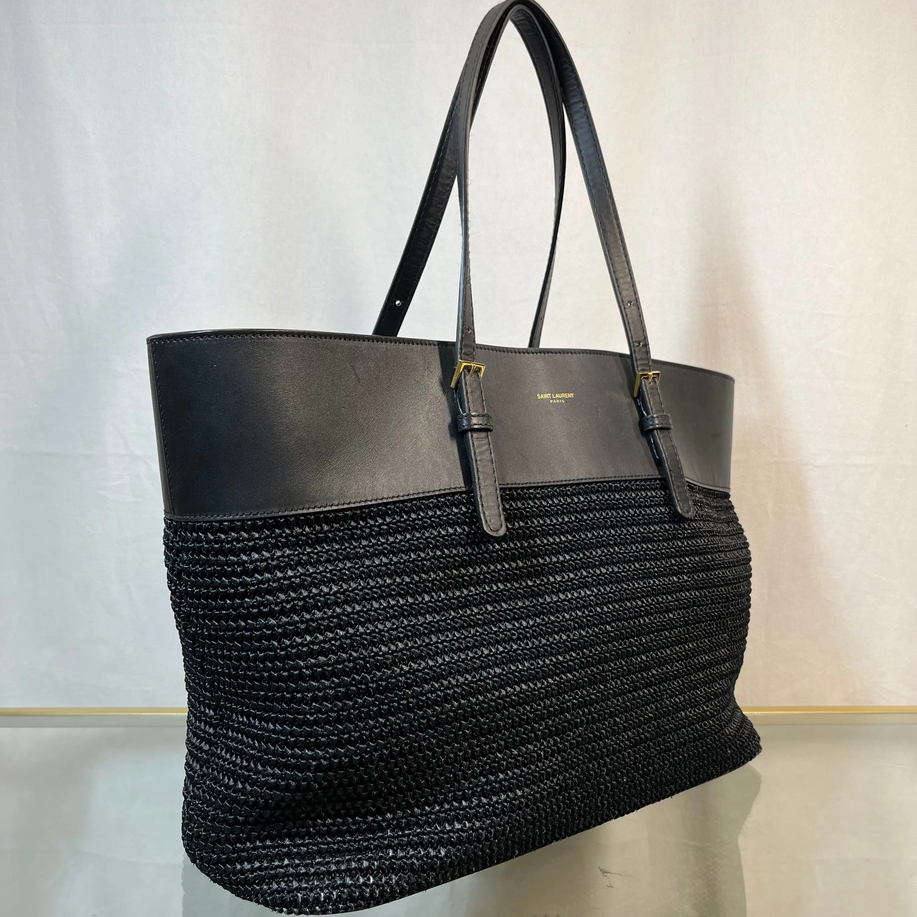 SAINT LAURENT Buckle East West Black Raffia Shooper Tote