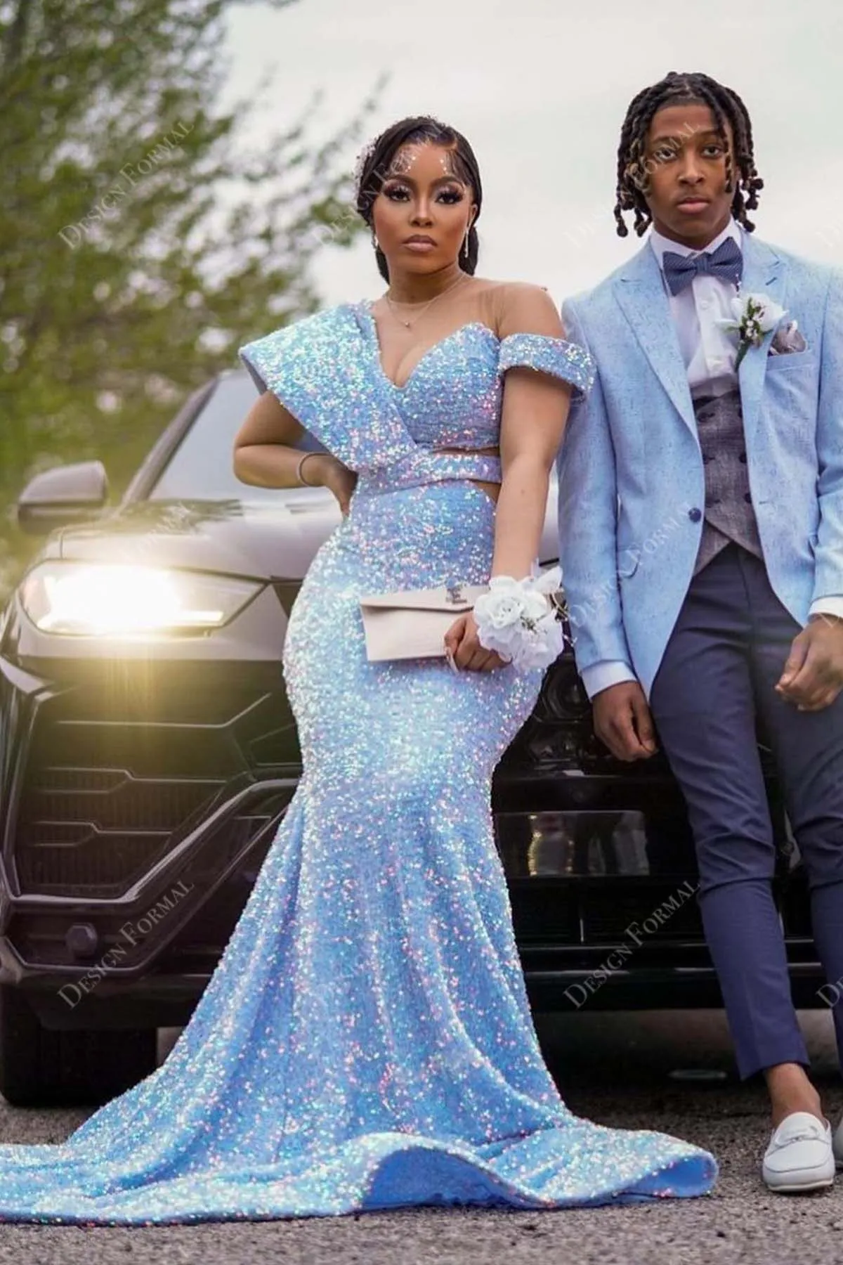 Sky Blue Sequin Asymmetrical Custom Mermaid Prom Dress