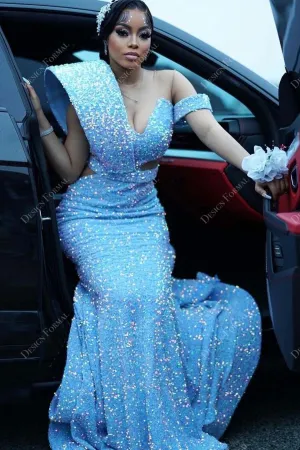 Sky Blue Sequin Asymmetrical Custom Mermaid Prom Dress