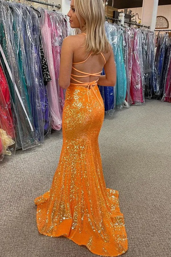 Sparkle Orange Sequin Mermaid Long Prom Formal Dress PSK283