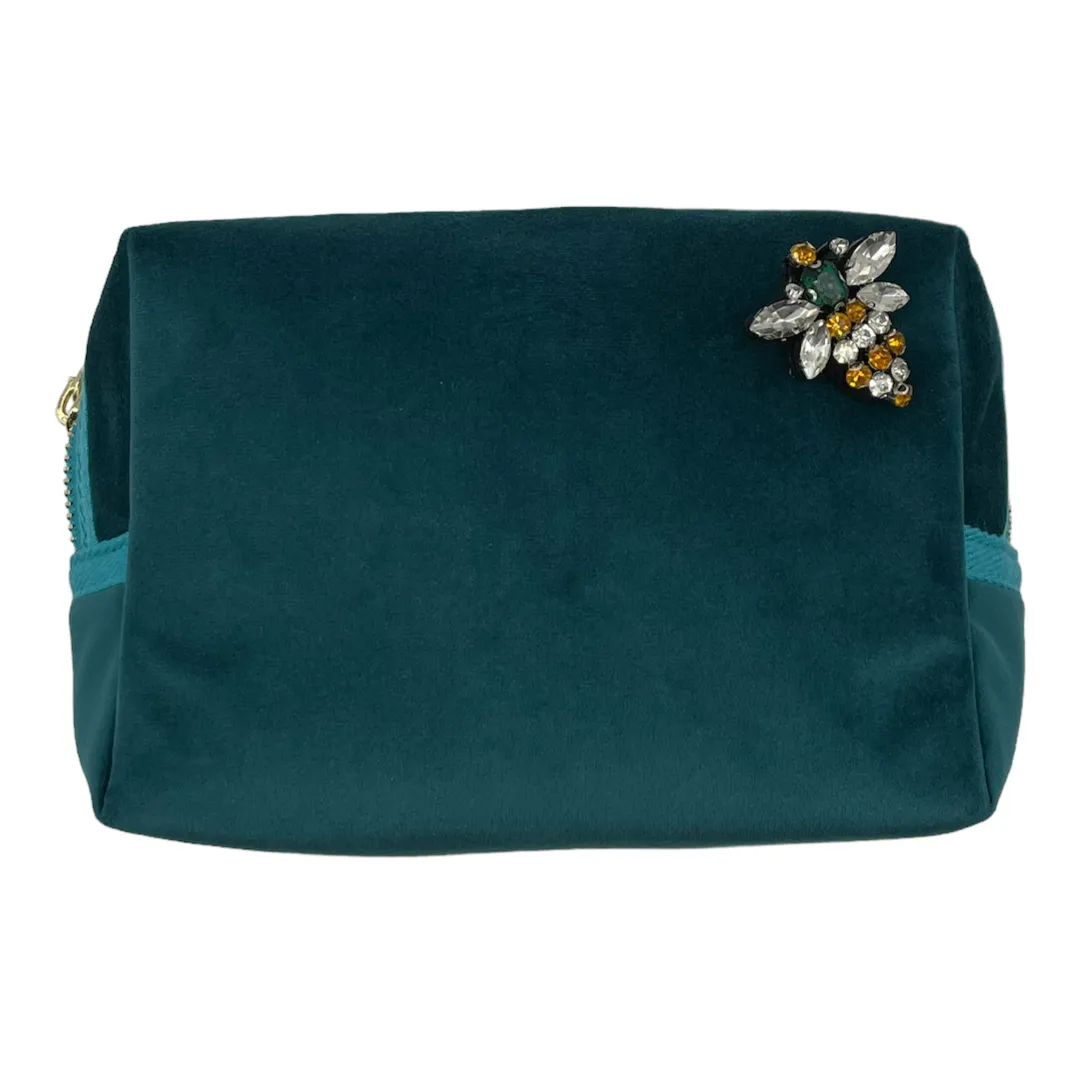 Teal make-up bag & queen bee pin - recycled velvet