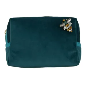 Teal make-up bag & queen bee pin - recycled velvet