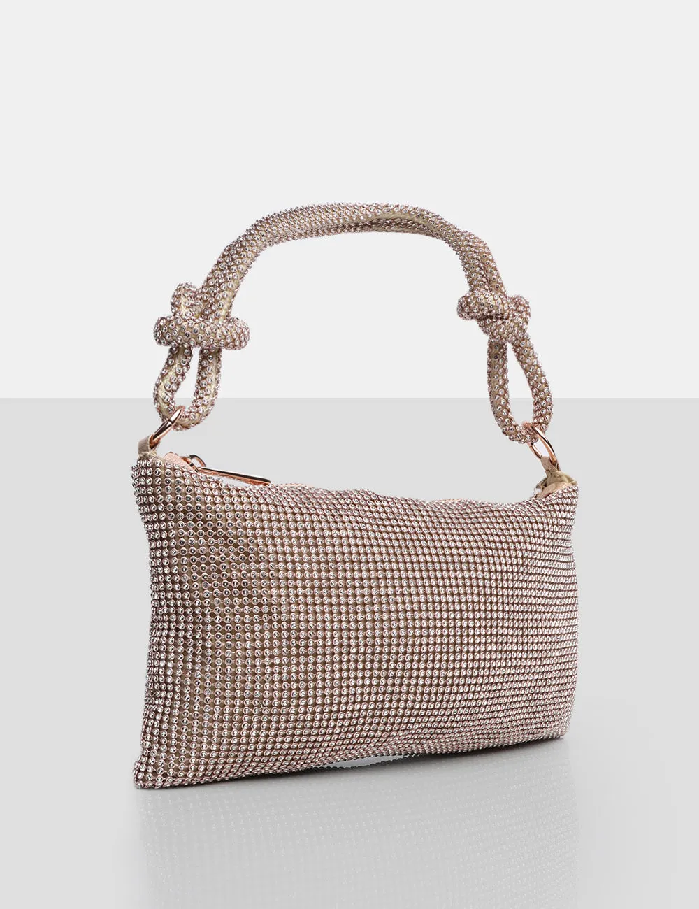 The Ingrid Blush Nude Diamante Zip Up Knot Detail Mini Shoulder Bag