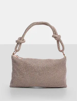 The Ingrid Blush Nude Diamante Zip Up Knot Detail Mini Shoulder Bag