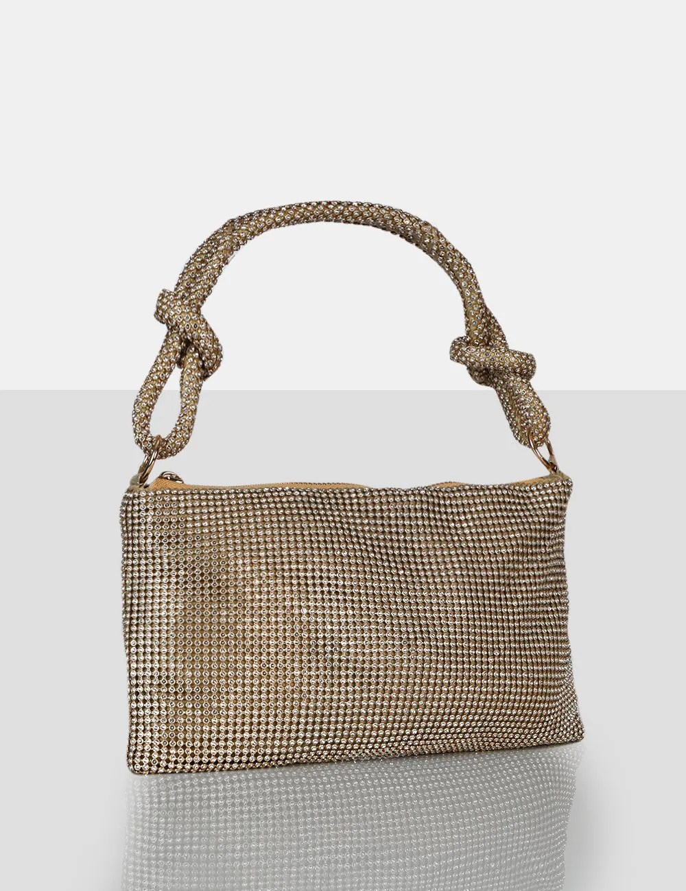 The Ingrid Gold Diamante Zip Up Knot Detail Mini Shoulder Bag