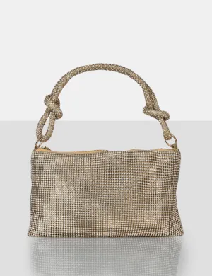 The Ingrid Gold Diamante Zip Up Knot Detail Mini Shoulder Bag