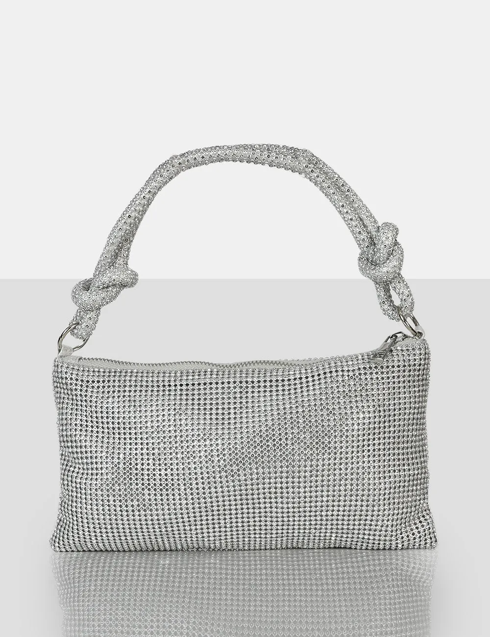 The Ingrid Silver Diamante Zip Up Knot Detail Mini Shoulder Bag