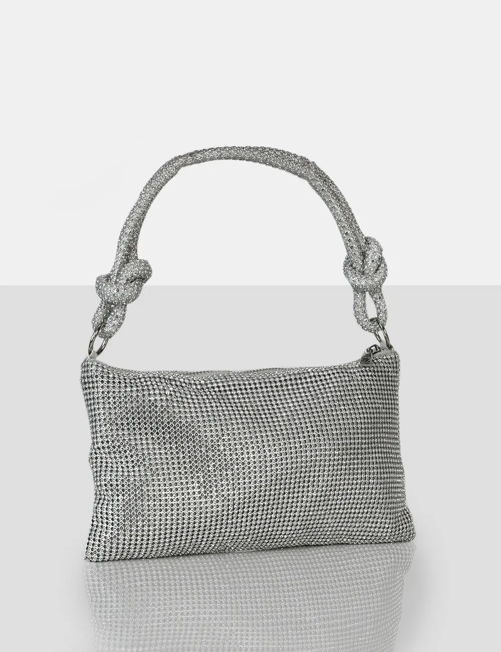 The Ingrid Silver Diamante Zip Up Knot Detail Mini Shoulder Bag