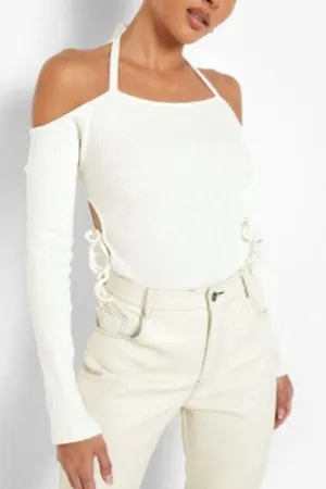 White Poly Cut Out Bodysuit Top